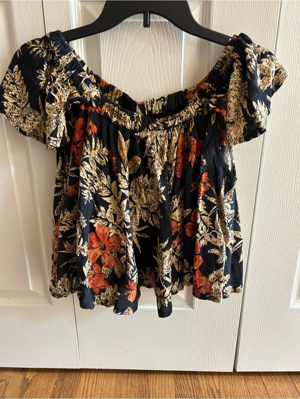RAGA Black Off-the-Shoulder Floral Top with Orange and Cream Print